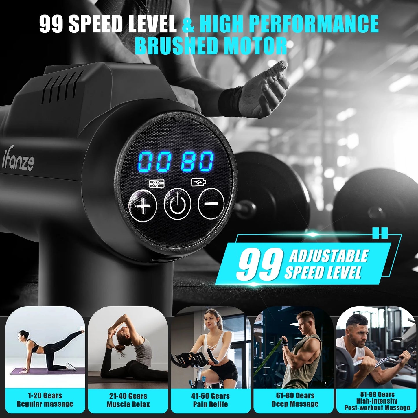 Massage Gun Deep Tissue, 99 Speeds Quiet Handheld Electric Muscle Massager with 8 Replacement Heads for Gym, Sport, Office, and Home, Black