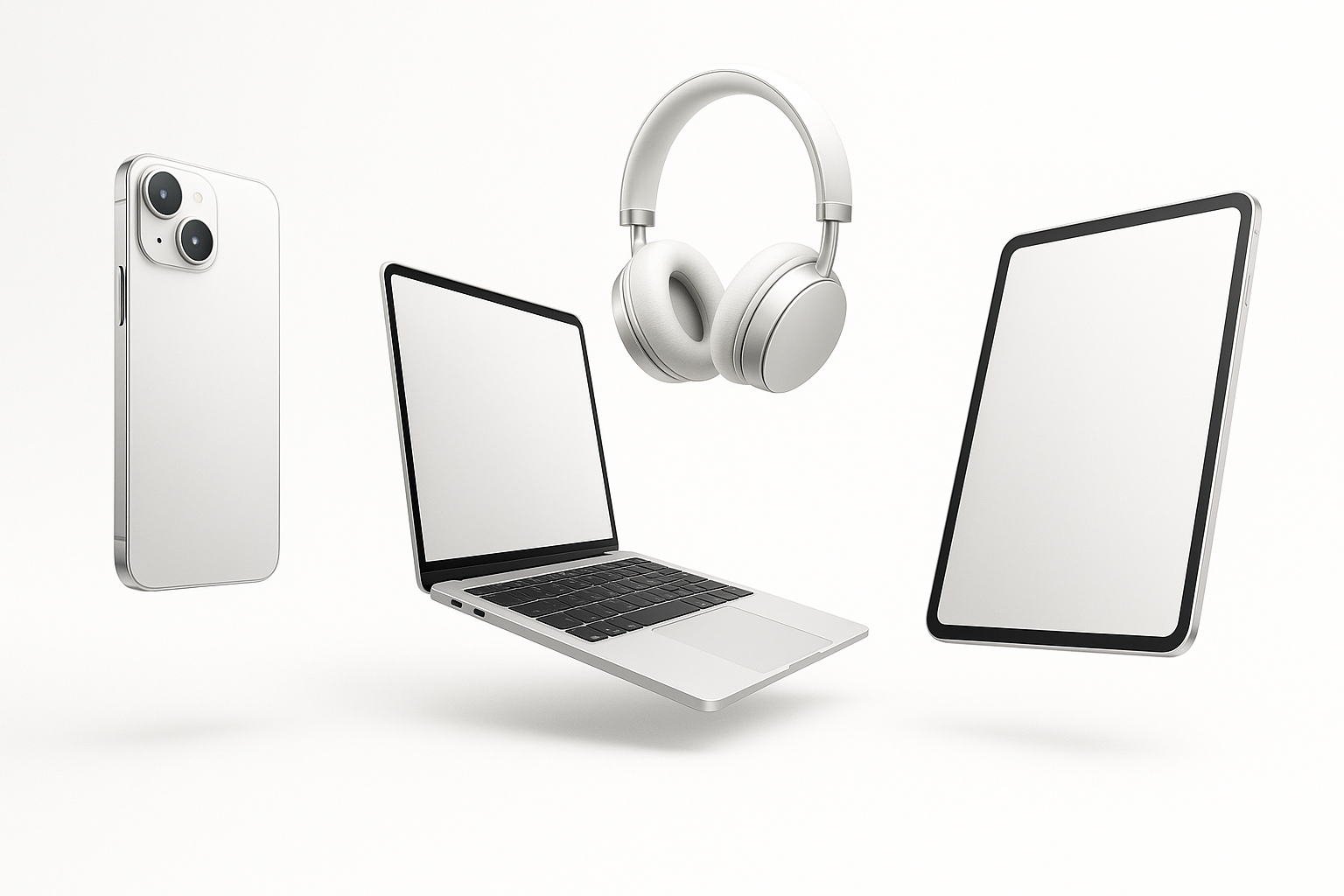 "Minimalistic technology store banner, elegant modern design, gadgets floating with shadows, white and silver background, soft gradients, premium and luxury look for e-commerce."
